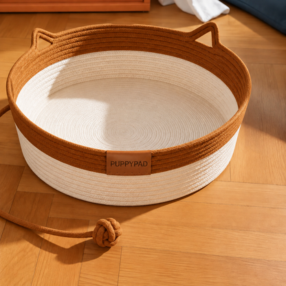 PuppyBed doğal örgü kedi yatağı ve ip top oyuncağı