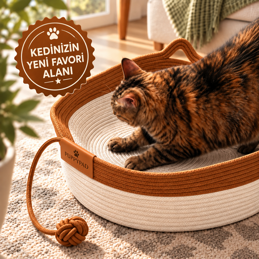 PuppyBed örgü kedi yatağında dinlenen kedi