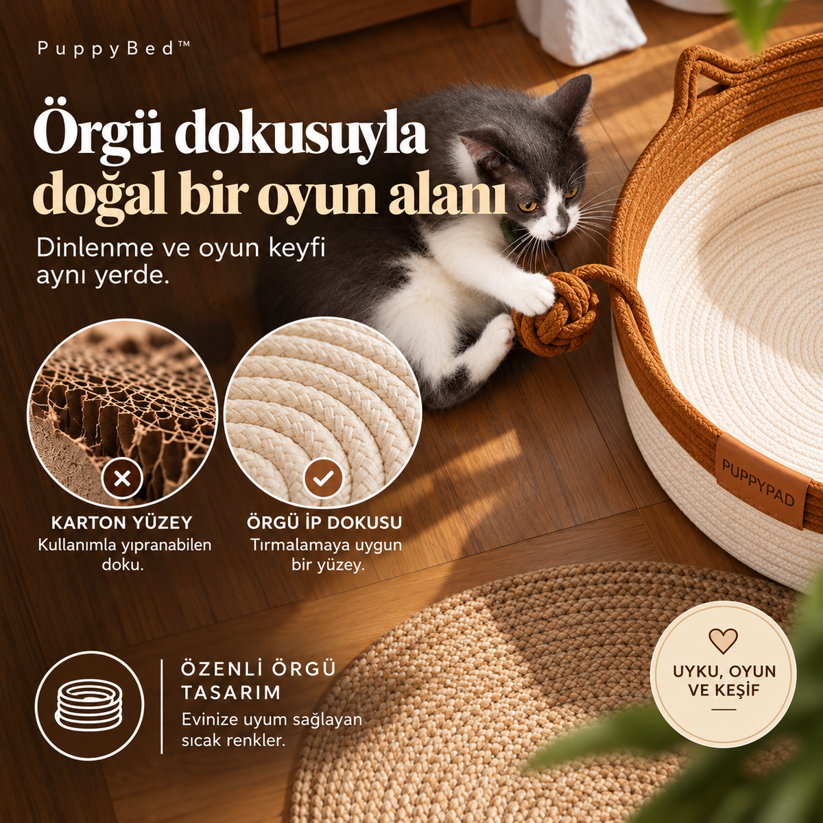 PuppyBed örgü kedi yatağı ve oyun alanı
